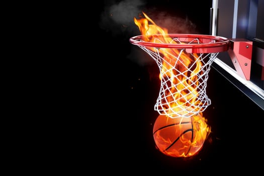 Flaming basketball going through a court net. Room for text or copy space on a black background.