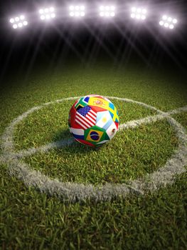 3d rendering of a soccer ball on a soccer field of the participating countries in soccer.