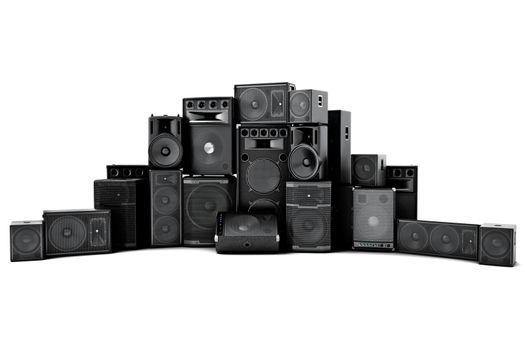 Large group of speakers in a row, loud or abused concept on a white background.