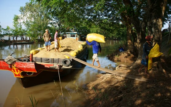 DONG THAP, VIET NAM- NOVEMBER 12: Finish harvest, trader buy rice of farmer, porter carry rice sack up to boat to transport, rice grain filled hold of boat, Dong Thap, Viet Nam, November 12, 2013