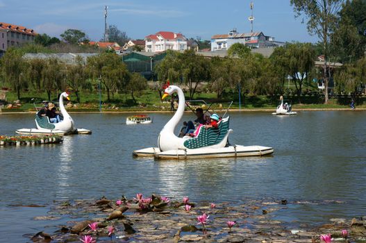 DA LAT, VIET NAM- DEC 27: Traveler relax by ride duck boat on lake, tranquil landscape of romantic lake with lotus flower on surface water in Da Lat, Vietnam on Dec 27, 2013