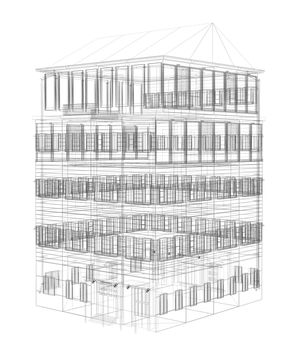 Highly detailed building. Isolated wire-frame render on a white background