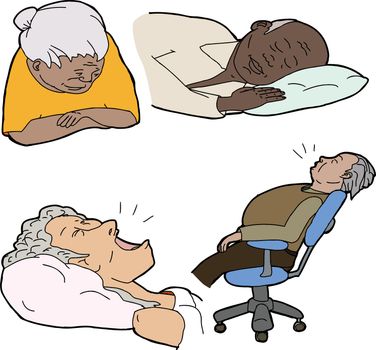 Various senior adults asleep over white background