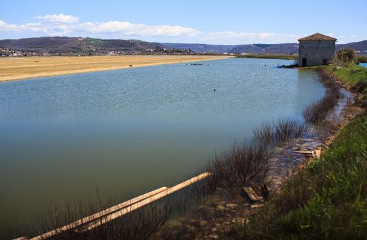 View of Salt evaporation ponds in Secovlje, Slovenia