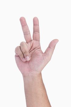 Human hand show sign three finger isolated on white background