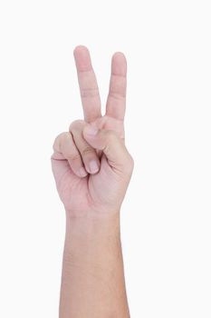 Human hand show victory and peace on white background