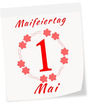 Calendar page of International Workers' Day on 1 May isolated on a white background in red color