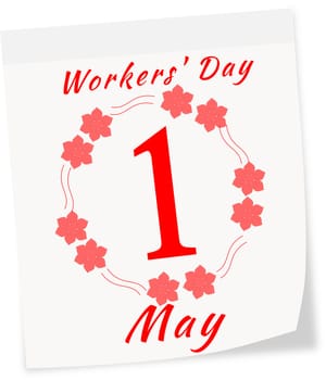 Calendar page of International Workers' Day on 1 May isolated on a white background in red color