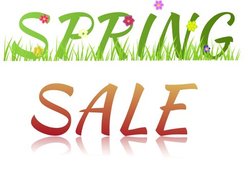 Inscription Spring sale with flowers,grass and glass effect isolated on a white background