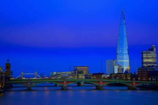 New London city hall at night , panoramic view from river.