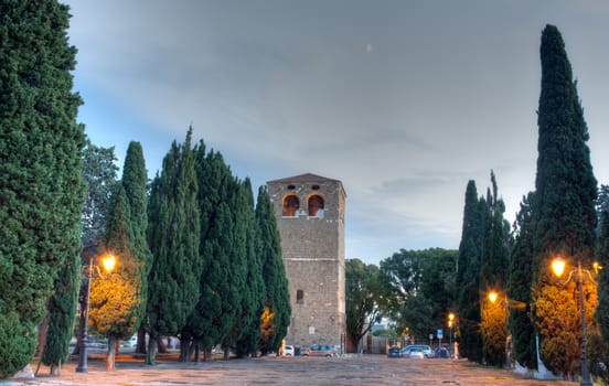 Tower of the St. Giusto basilica at sunset in Trieste