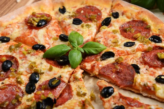 Tasty pizza with olives and salami