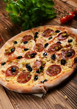Tasty pizza with olives and salami