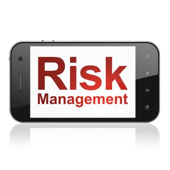 Business concept: smartphone with text Risk Management on display. Mobile smart phone on White background, cell phone 3d render