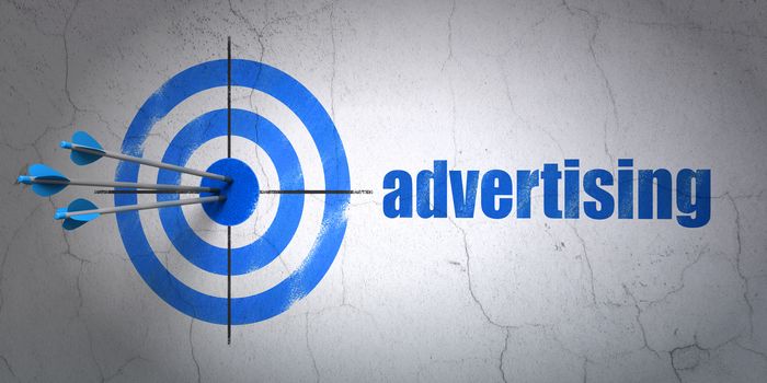 Success marketing concept: arrows hitting the center of target, Blue Advertising on wall background, 3d render