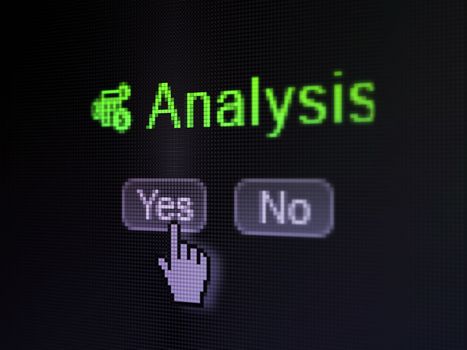 Marketing concept: buttons yes and no with pixelated Calculator icon, word Analysis and Hand cursor on digital computer screen, selected focus 3d render