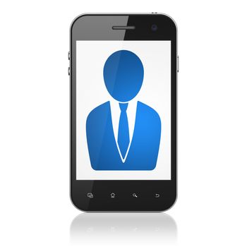 News concept: smartphone with Business Man icon on display. Mobile smart phone on White background, cell phone 3d render