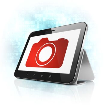 Travel concept: black tablet pc computer with Photo Camera icon on display. Modern portable touch pad on Blue Digital background, 3d render