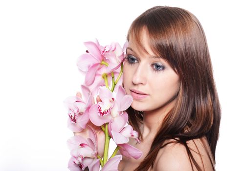Beautiful Girl With Orchid Flowers
