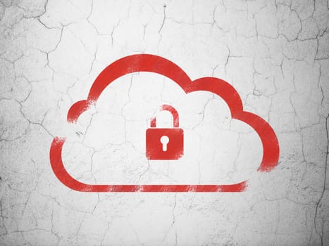 Cloud networking concept: Red Cloud With Padlock on textured concrete wall background, 3d render