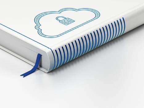 Cloud computing concept: closed book with Blue Cloud With Padlock icon on floor, white background, 3d render