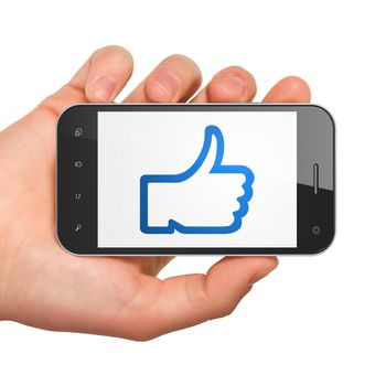 Social network concept: hand holding smartphone with Thumb Up on display. Mobile smart phone on White background, 3d render