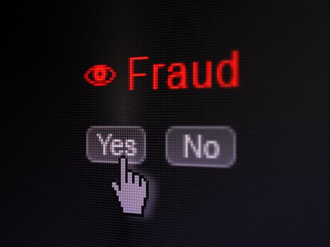 Safety concept: buttons yes and no with pixelated Eye icon, word Fraud and Hand cursor on digital computer screen, selected focus 3d render