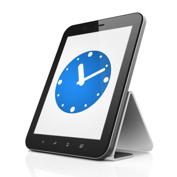 Time concept: black tablet pc computer with Clock icon on display. Modern portable touch pad on White background, 3d render