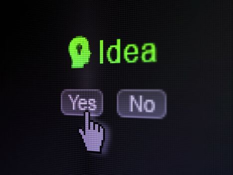 Marketing concept: buttons yes and no with pixelated Head With Light Bulb icon, word Idea and Hand cursor on digital computer screen, selected focus 3d render