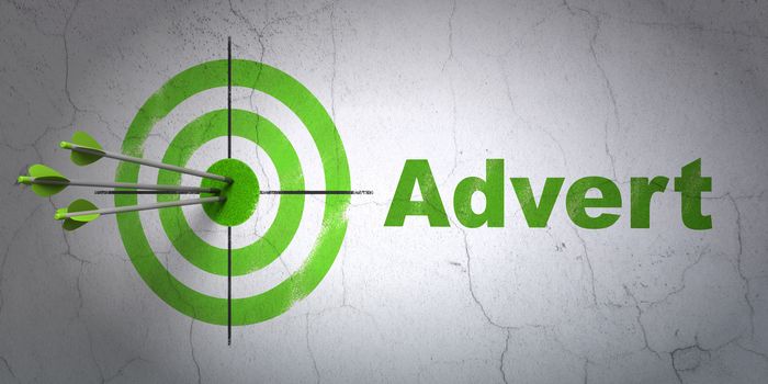 Success advertising concept: arrows hitting the center of target, Green Advert on wall background, 3d render