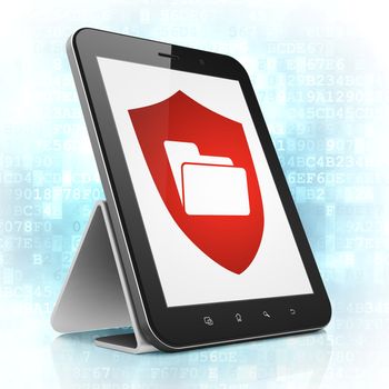 Business concept: black tablet pc computer with Folder With Shield icon on display. Modern portable touch pad on Blue Digital background, 3d render