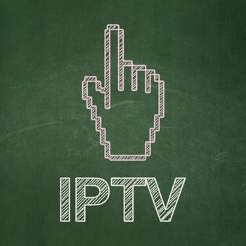 Web development concept: Mouse Cursor icon and text IPTV on Green chalkboard background, 3d render