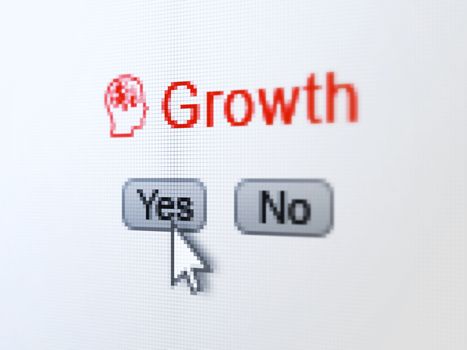 Finance concept: buttons yes and no with pixelated Head With Finance Symbol icon, word Growth and Arrow cursor on digital computer screen, selected focus 3d render