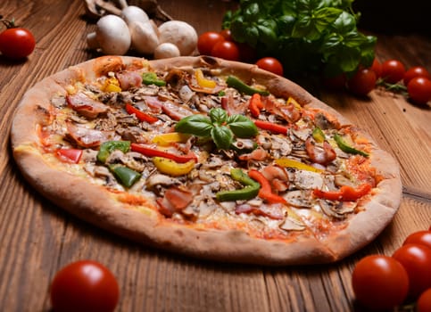 Tasty pizza with mushrooms and colorful pepper