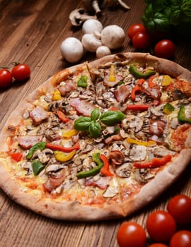 Tasty pizza with mushrooms and colorful pepper