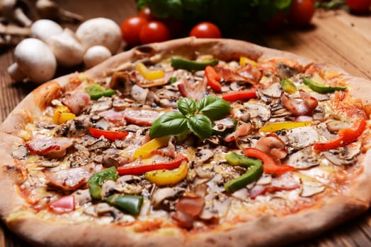 Tasty pizza with mushrooms and colorful pepper