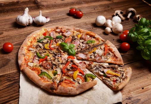 Tasty pizza with mushrooms and colorful pepper
