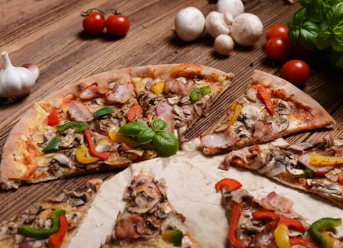 Tasty pizza with mushrooms and colorful pepper