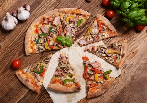 Tasty pizza with mushrooms and colorful pepper