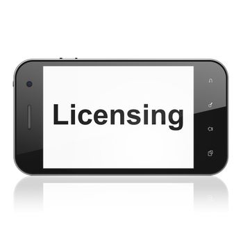 Law concept: smartphone with text Licensing on display. Mobile smart phone on White background, cell phone 3d render