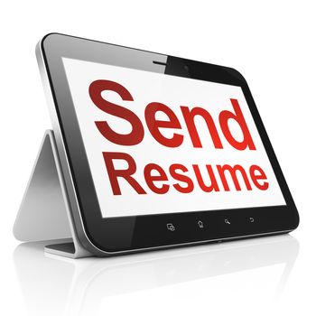 Business concept: black tablet pc computer with text Send Resume on display. Modern portable touch pad on White background, 3d render