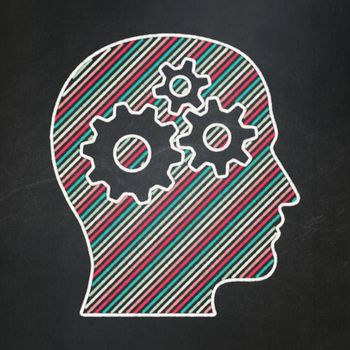 Advertising concept: Head With Gears icon on Black chalkboard background, 3d render