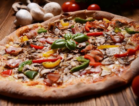Tasty pizza with mushrooms and colorful pepper