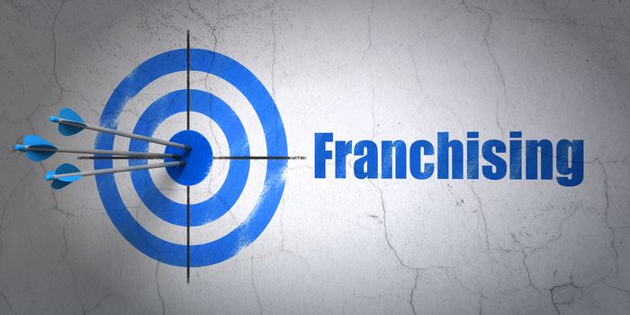 Success business concept: arrows hitting the center of target, Blue Franchising on wall background, 3d render