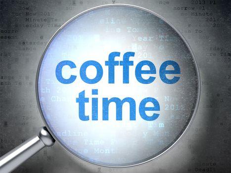 Time concept: magnifying optical glass with words Coffee Time on digital background, 3d render
