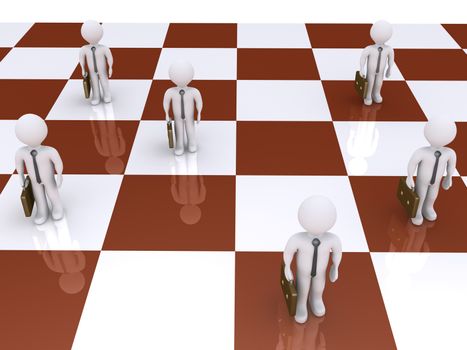 3d businessmen standing on a chess board as pawns