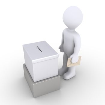 3d person holding an envelope is in front of a ballot box