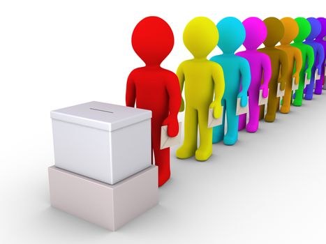 3d people standing in a row are in front of a ballot box