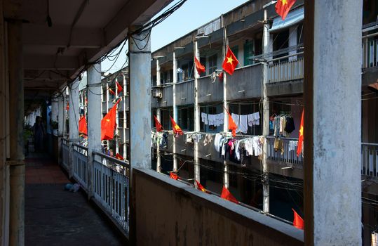 Vietnamese flag fly on holliday in city