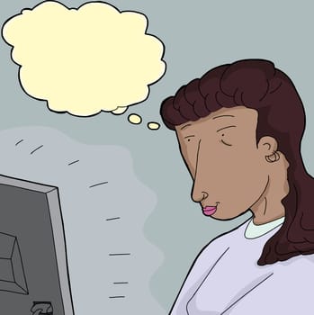 Hispanic woman looking at computer monitor with thought bubble